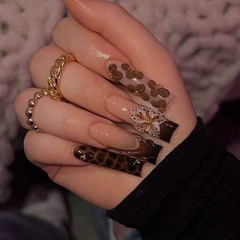 Faux ongles ballerine longs à pression, fleur Serpentine avec strass, faux ongles français, pointes 