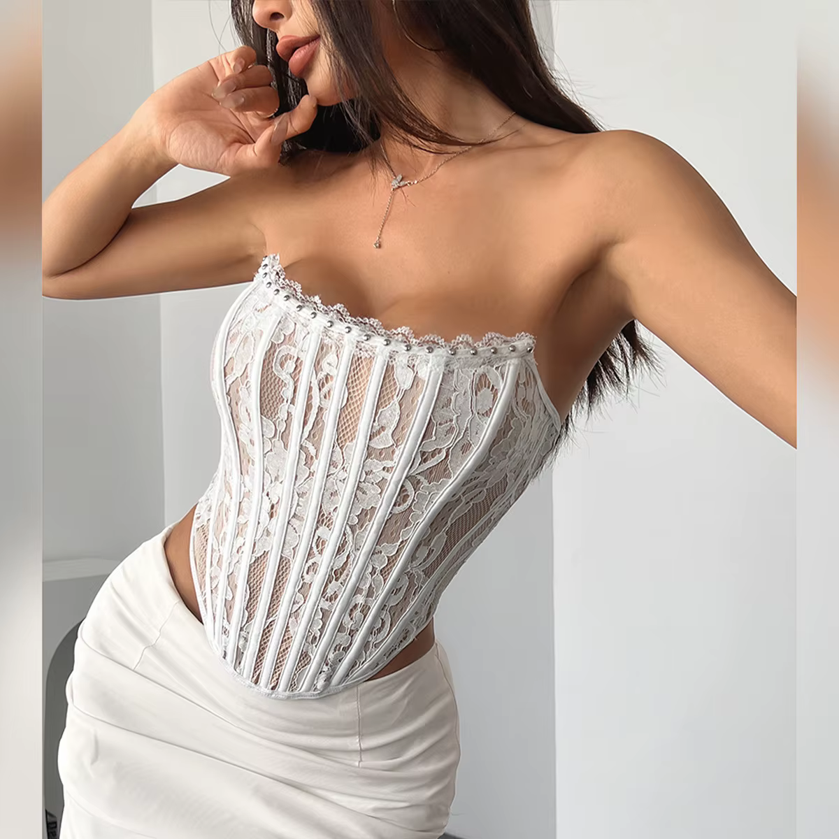 Corset Sexy hauts sans bretelles dentelle maille gilet coupe ajustée Boby Shaper Camisole dames Bust