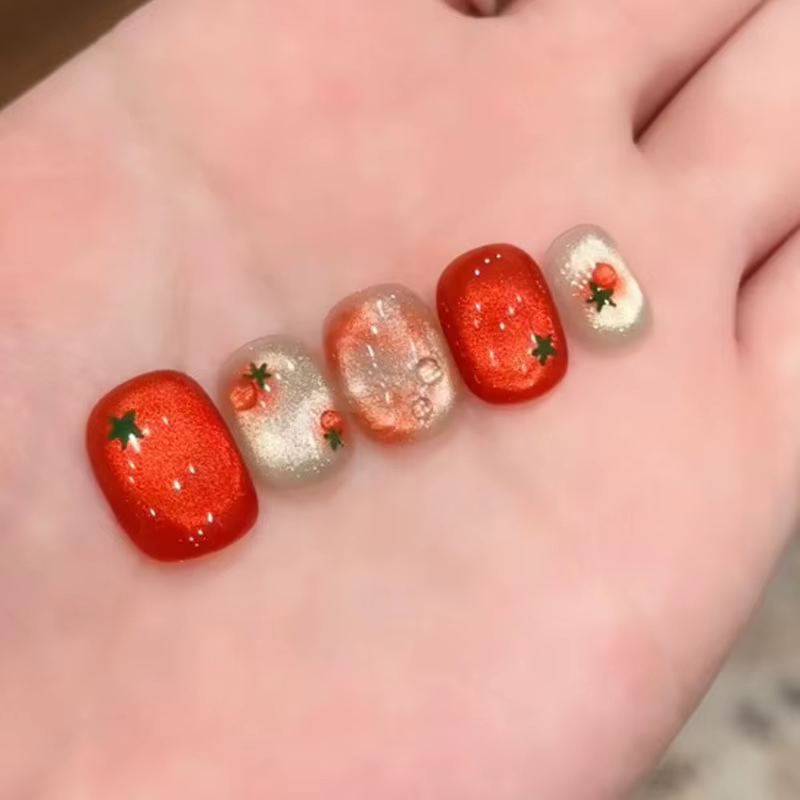 10 pièces ongles à pression courts ovales rouges festifs avec un design de tomate mignon finition br