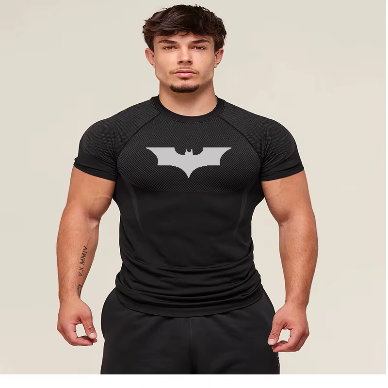 T-shirts de compression à motif chauve-souris pour hommes, manches courtes, anti-UV, pour la gym, l'