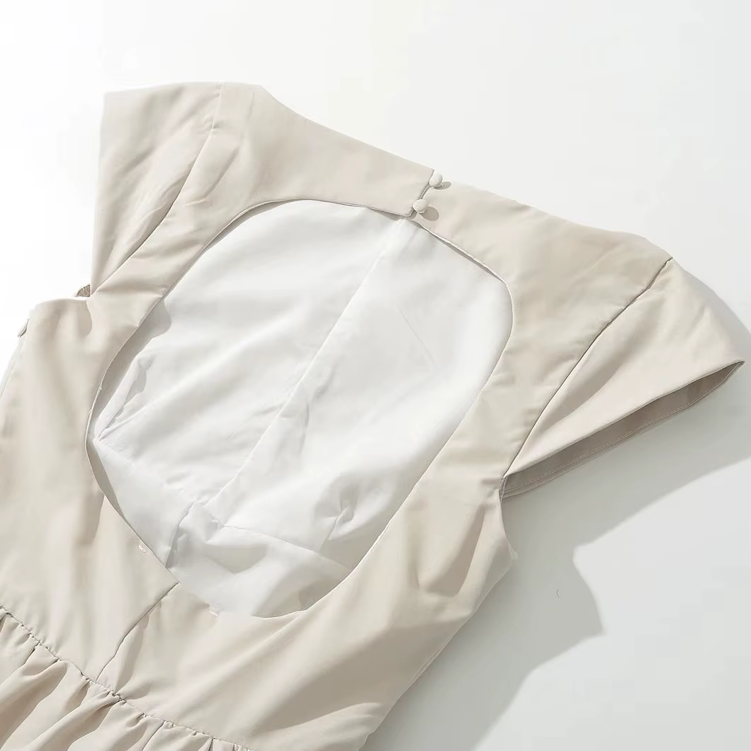 Robe mi-longue taille basse à manches courtes pour femmes, col slash sexy, dos nu évidé, robe trapèz