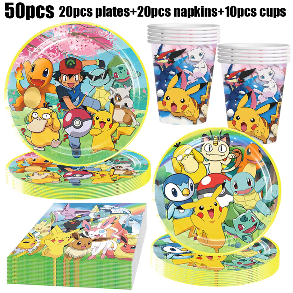 Décorations de fête d'anniversaire Pokemon, vaisselle en papier, assiettes, serviettes, tasses, napp
