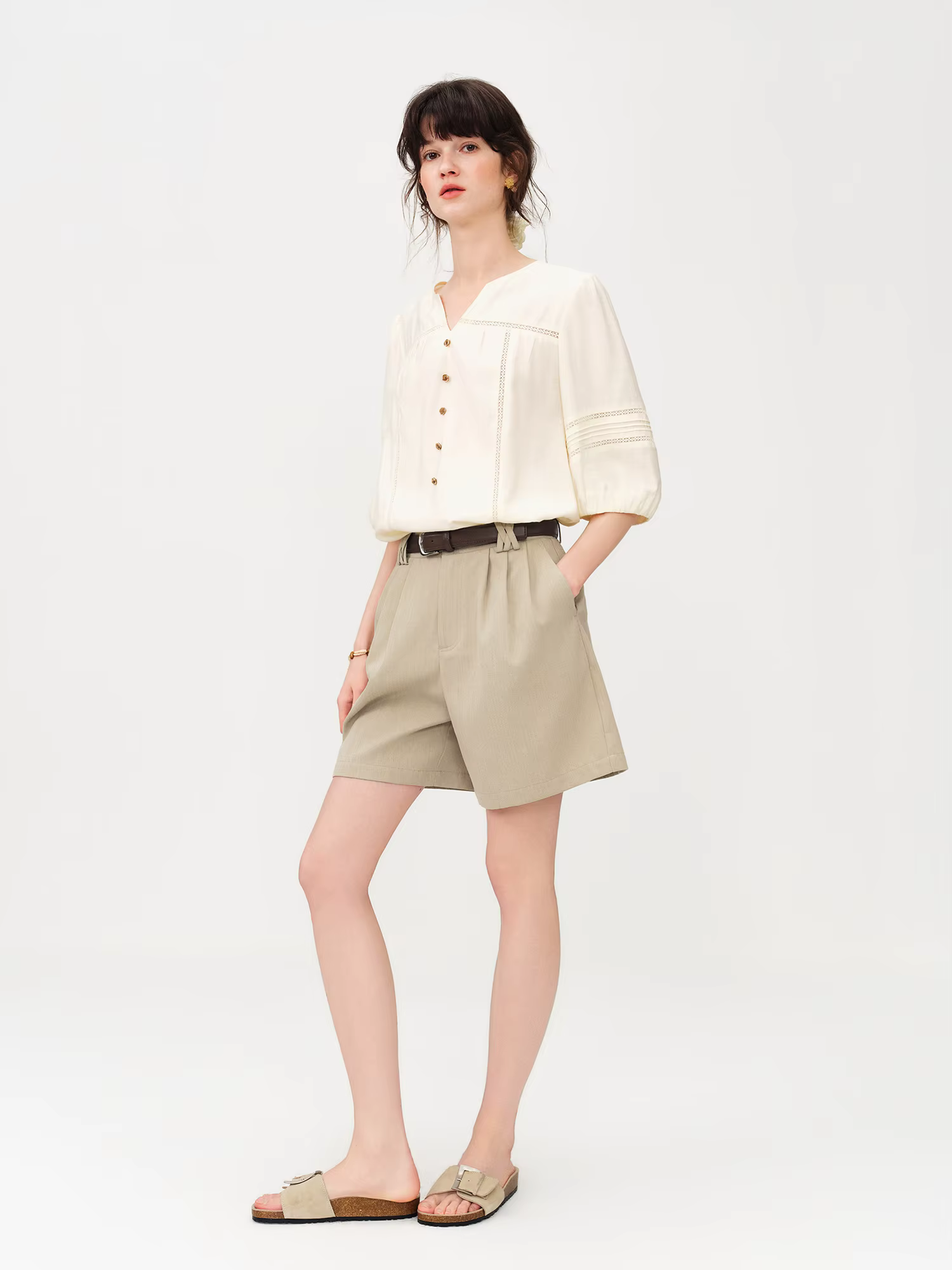 Shorts décontractés classiques en mélange de lin pour femme FSLE 2026 - Couleur unie, coupe régulièr