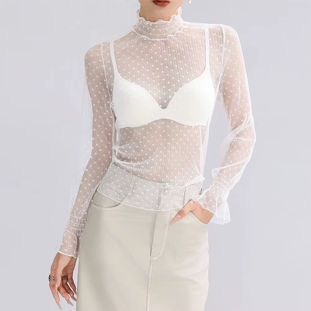 Femmes Sexy maille T-Shirts dentelle transparente Blouse à manches longues voir à travers les hauts 