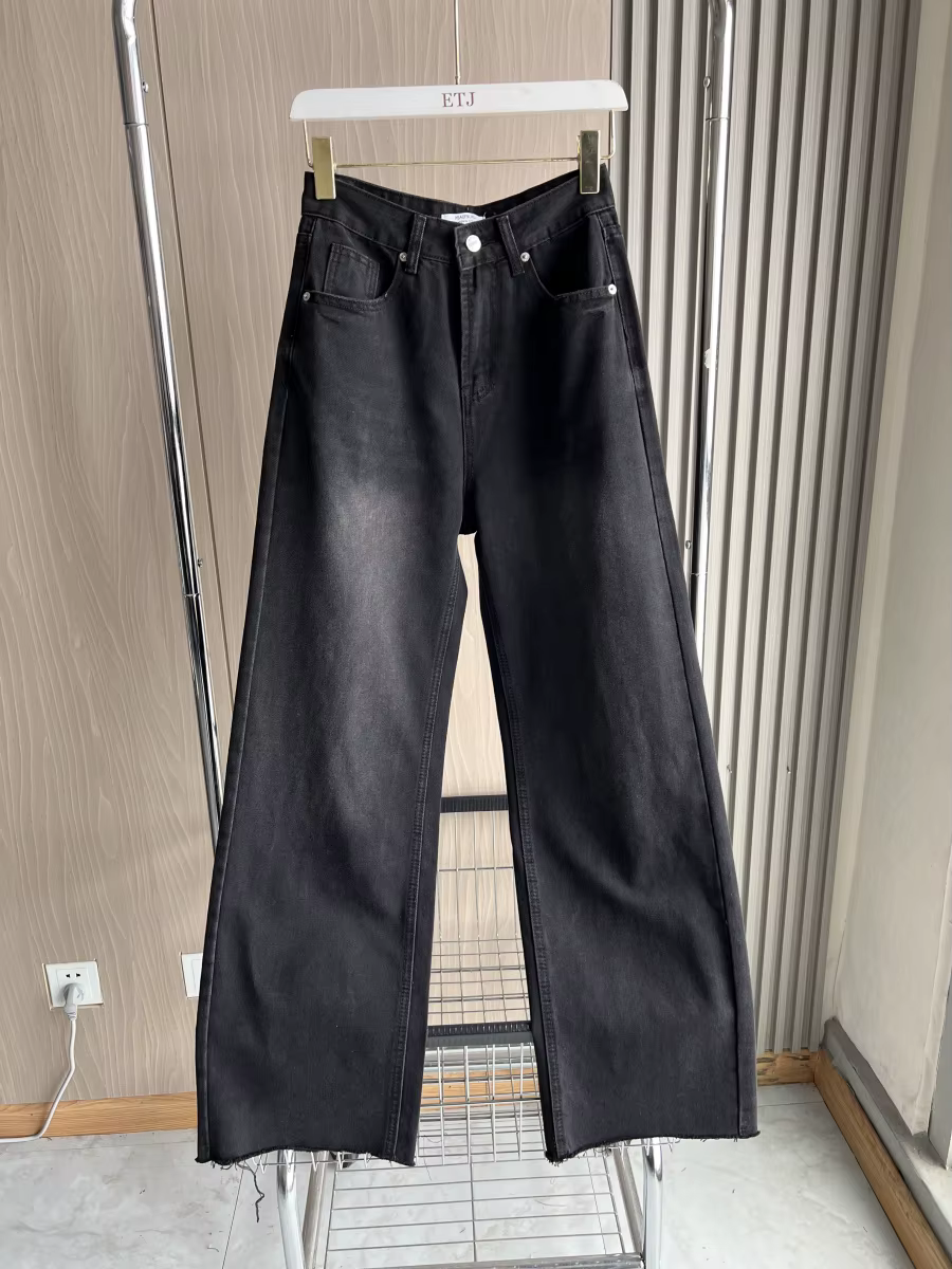 ETJ jean taille haute à jambes larges femme classique tout avec cinq poches lavé doux confortable je
