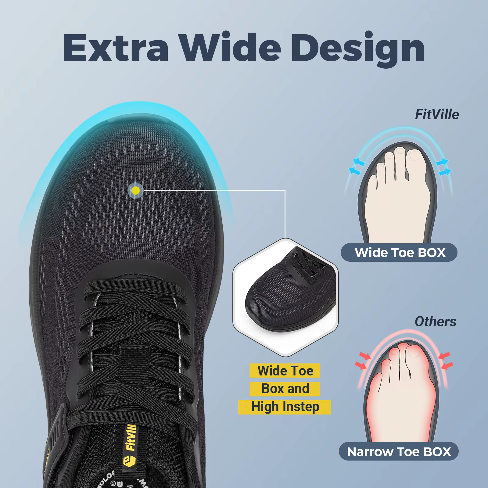 FitVille – chaussures de marche larges pour hommes, chaussures de course légères, baskets avec souti