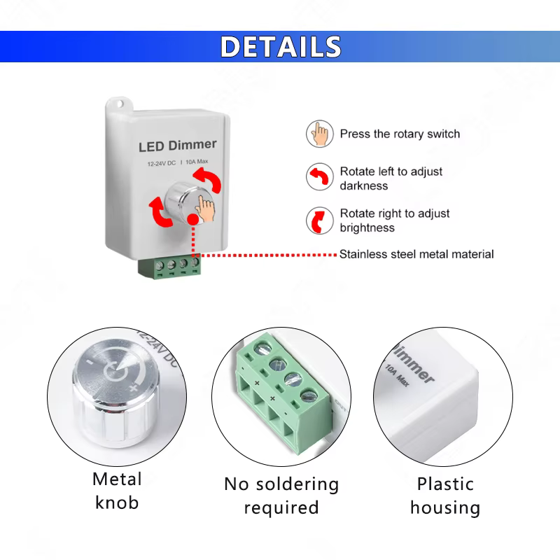 Nouveau Mini bouton LED variateur DC 12V 24V 10A 1 canal contrôleur d'éclairage rotatif en métal pou