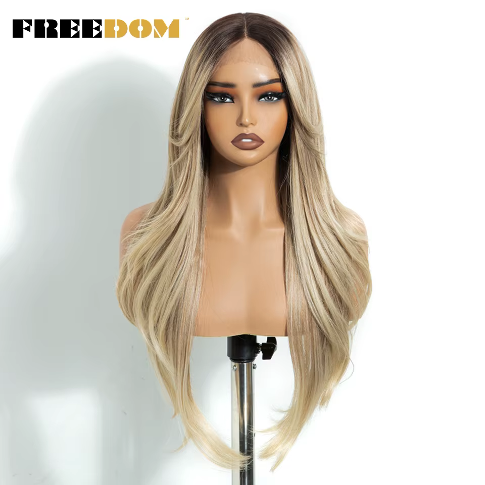 FREEDOM – perruque Lace Front Wig synthétique lisse avec frange, 26 pouces, perruque de Cosplay ombr