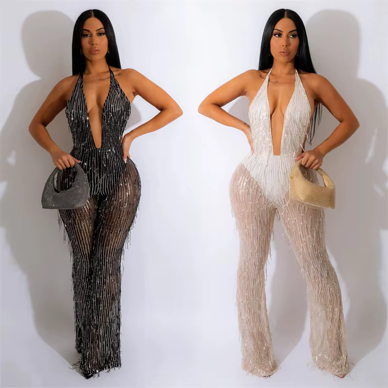 Barboteuse à paillettes pour femmes, combinaison Sexy à paillettes, dos nu, salopette en maille tran