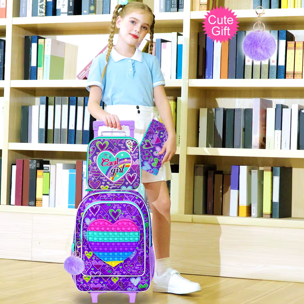 Sac à dos roulant 3 pièces pour filles, sac à livres à roulettes pour enfants, sac d'école à roulett