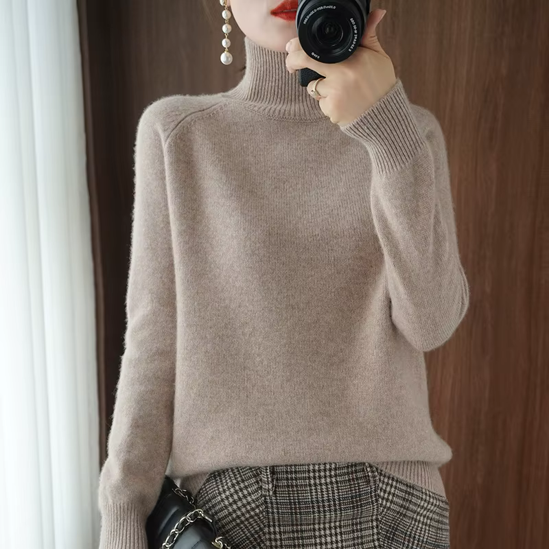 Automne hiver col montant laine mérinos pull basique décontracté pull en cachemire confort femmes ma