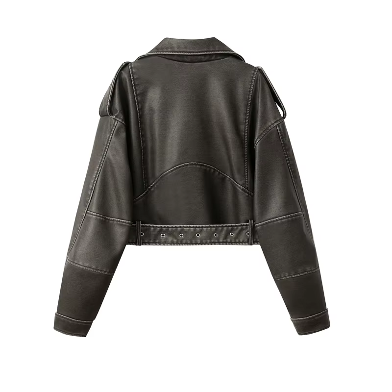 2025New Coal gray le Veste en cuir lavé pour femme avec ceinture, manteau court avec fermeture éclai