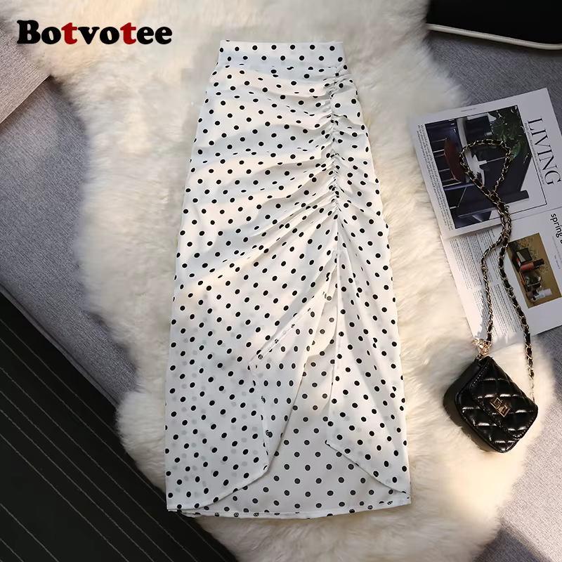 Botvotee Sexy Vintage Pokal Dot imprimé trompette jupe Midi pour les femmes dos élastique côté fendu