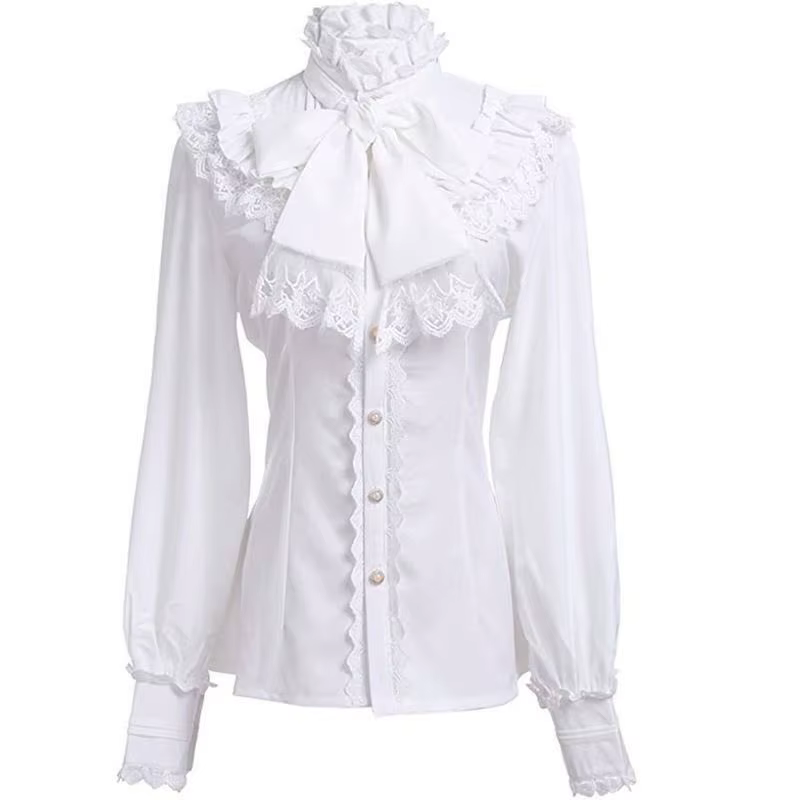 Chemisier Élégant Gothique pour Femme, Nouvelle Collection Printemps 2026, Col Montant à Volants, Bo