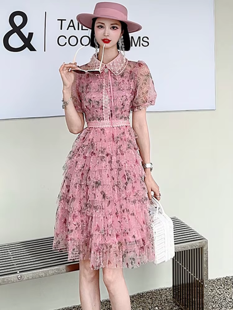 SMTHMA-Robe d'été légère à col perlé pour femme, robes de gâteau de style doux exquis, patchwork imp