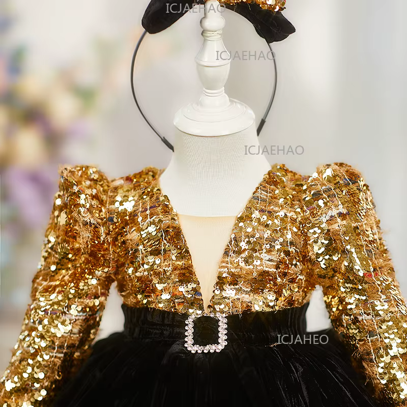 Robe de princesse bouffante super féerique à sequins dorés pour bébé fille de 1 an, style français, 