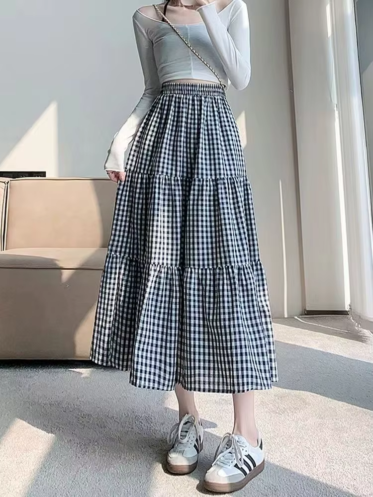 Jupe à plusieurs niveaux en Patchwork pour femmes, Vintage, à carreaux, taille haute, taille élastiq
