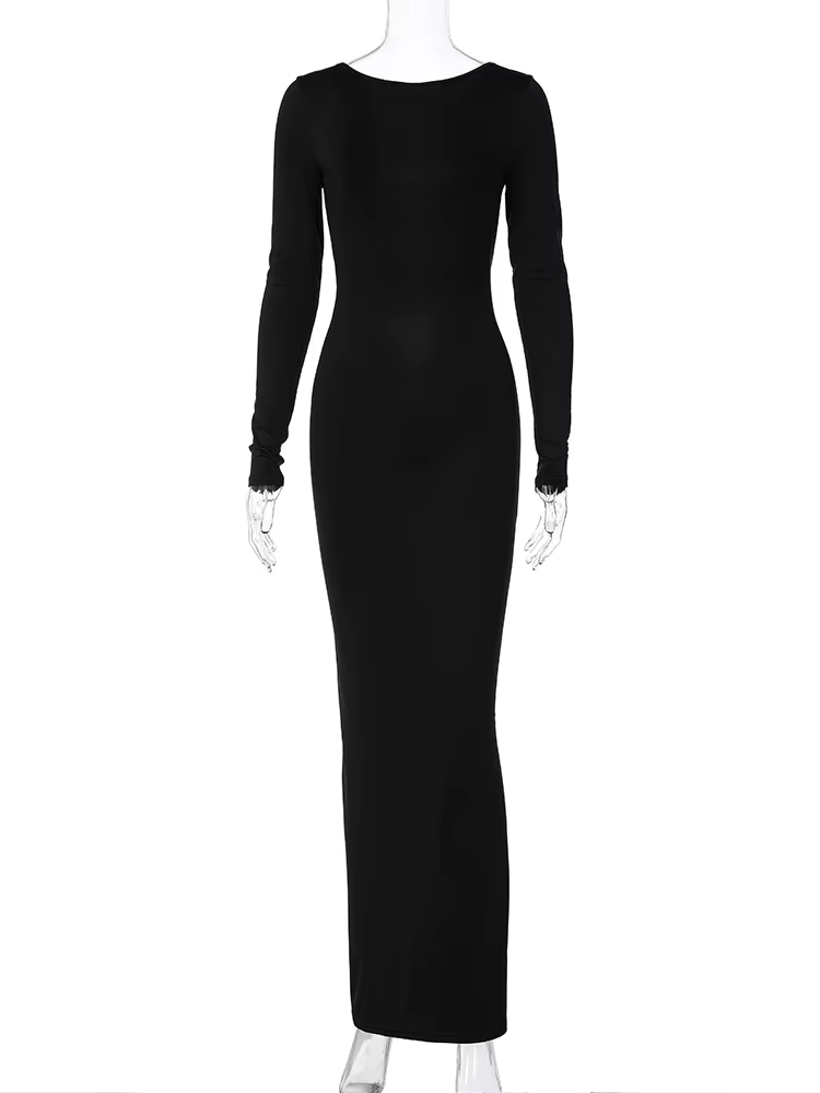 Hugcitar printemps élégant à manches longues dos nu solide froncé Sexy moulante Maxi robe de bal fem