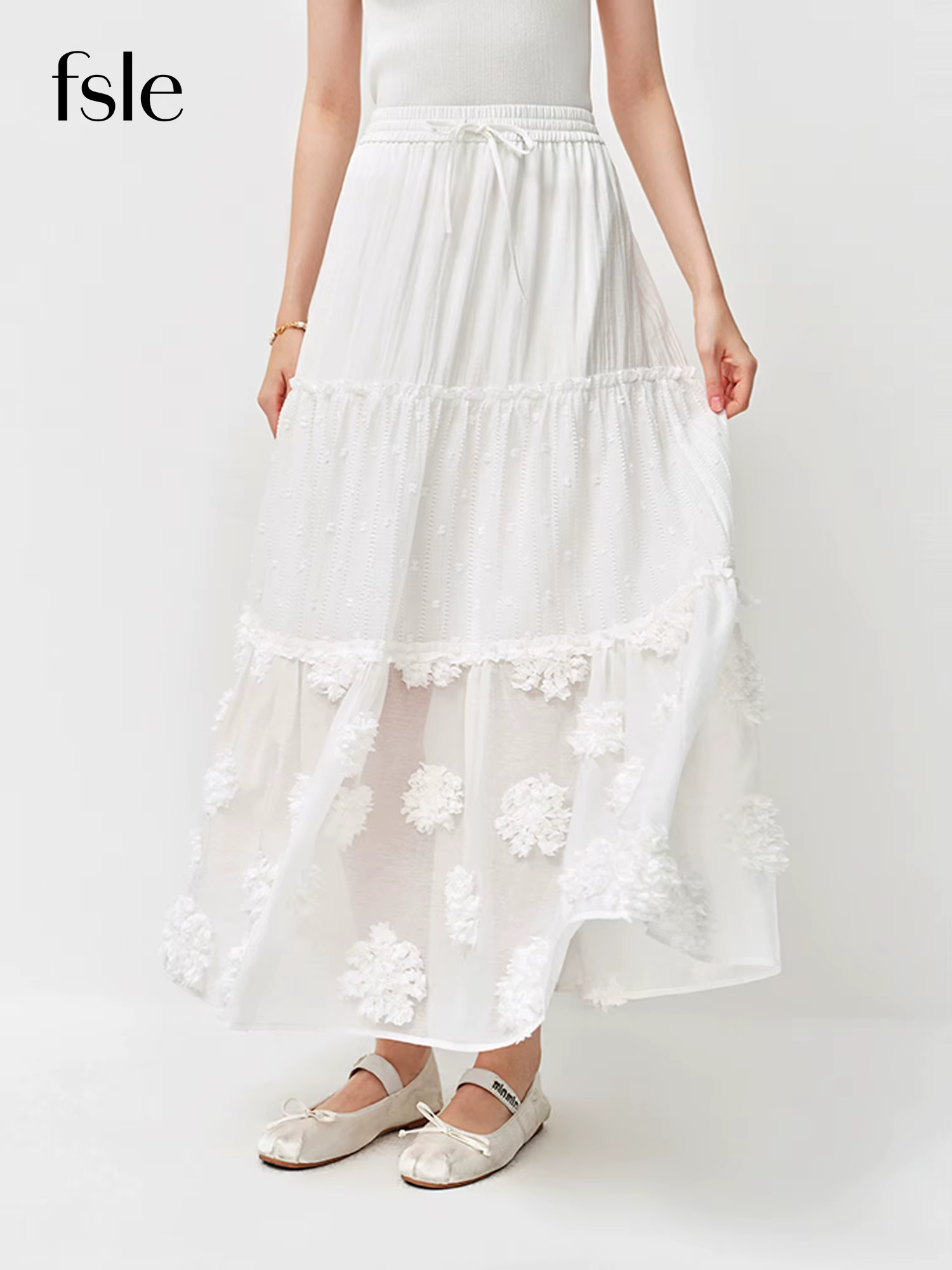 Jupe midi superposée FSLE 2026 pour femme, jupe trapèze blanche brodée de fleurs 3D pour un style ré