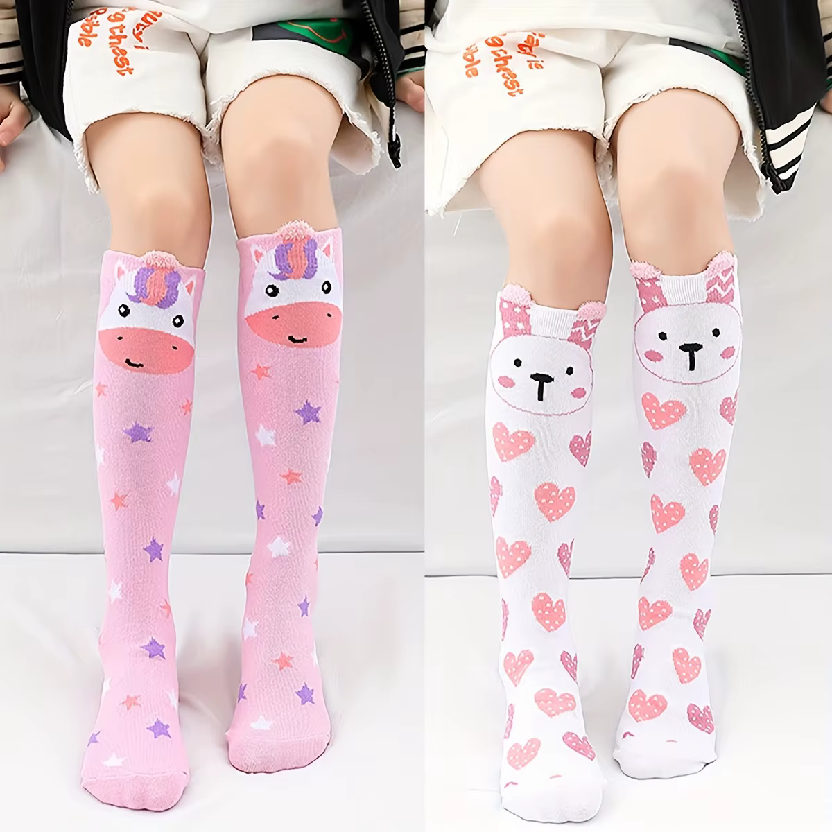 2 paires de chaussettes hautes en forme de cœur de lapin pour filles, chaussettes au-dessus du genou