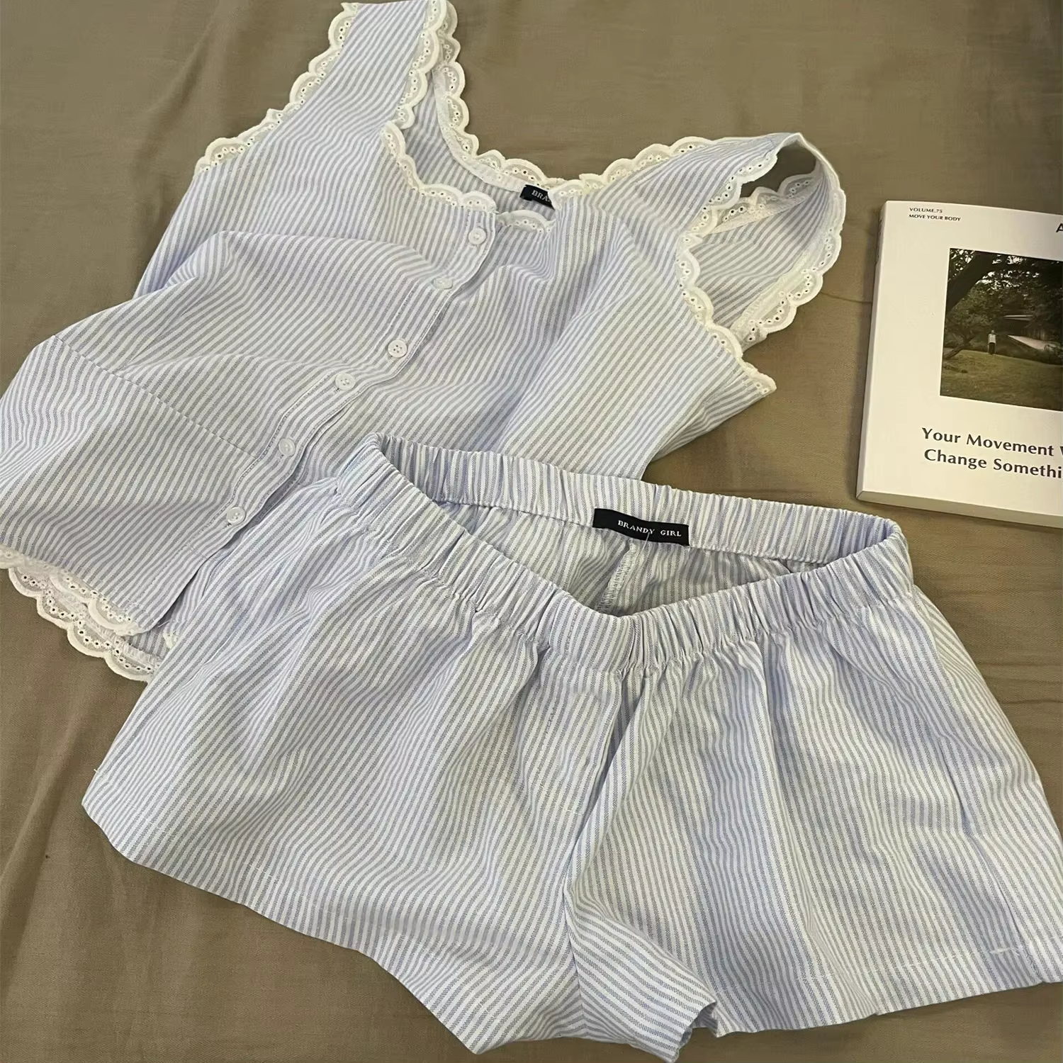 Pyjama rayé pour femmes, vêtements de nuit pour enfants, ensemble 2 pièces en dentelle, vêtements de