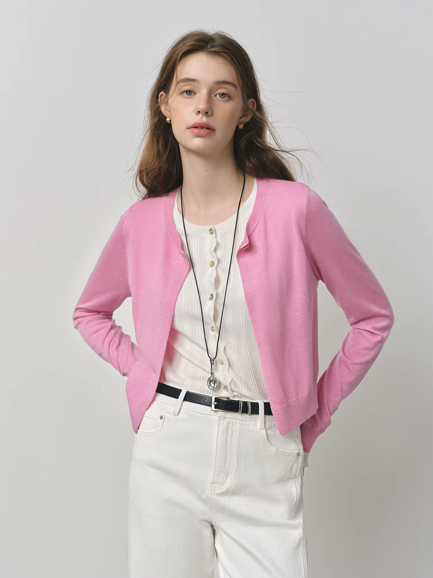 FSLE 2025 automne Style coréen femmes faux deux pièces Cardigan mûrier soie laine mélange couleur bl