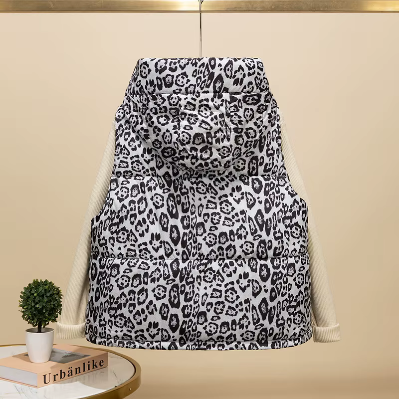 Gilet en coton imprimé léopard pour femmes, veste sans manches à capuche, mode américaine, manteau c