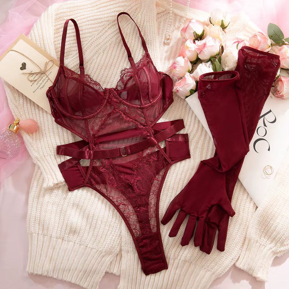 Ellolace Lingerie séduisante pour femme, body élégant en dentelle avec gants, tenue de soirée sexy, 