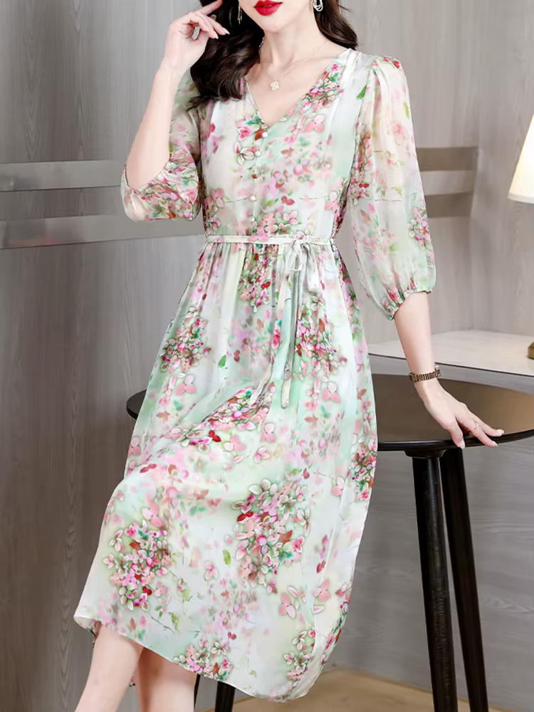 Robe de soirée mi-longue à fleurs pour femmes, col en V, mode décontractée, tenues de plage, tambour