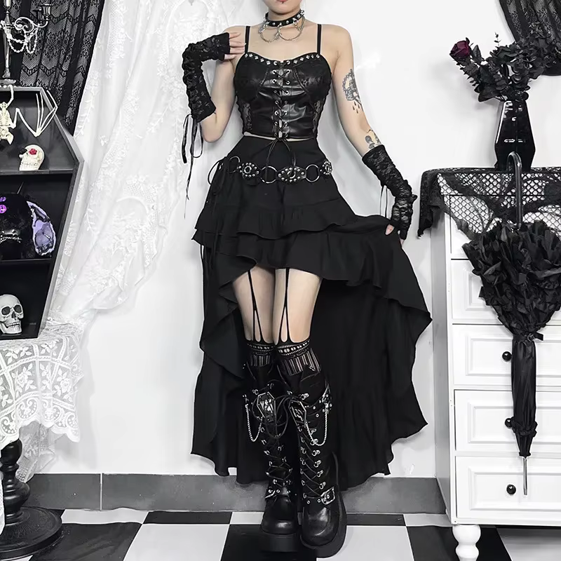 Goth foncé Kawaii noir jupes à plusieurs niveaux 90S rétro ourlet irrégulier bas de fête centre comm