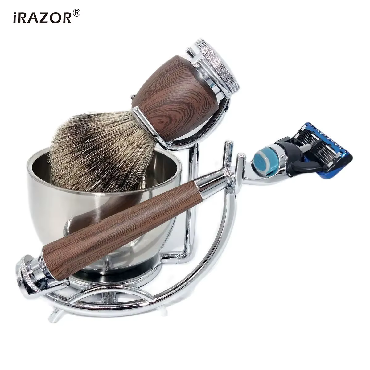 IRAZOR-Kit de rasage professionnel KT5 avec brosse blaireau naturelle, rasoir RosFrederick Mars étan