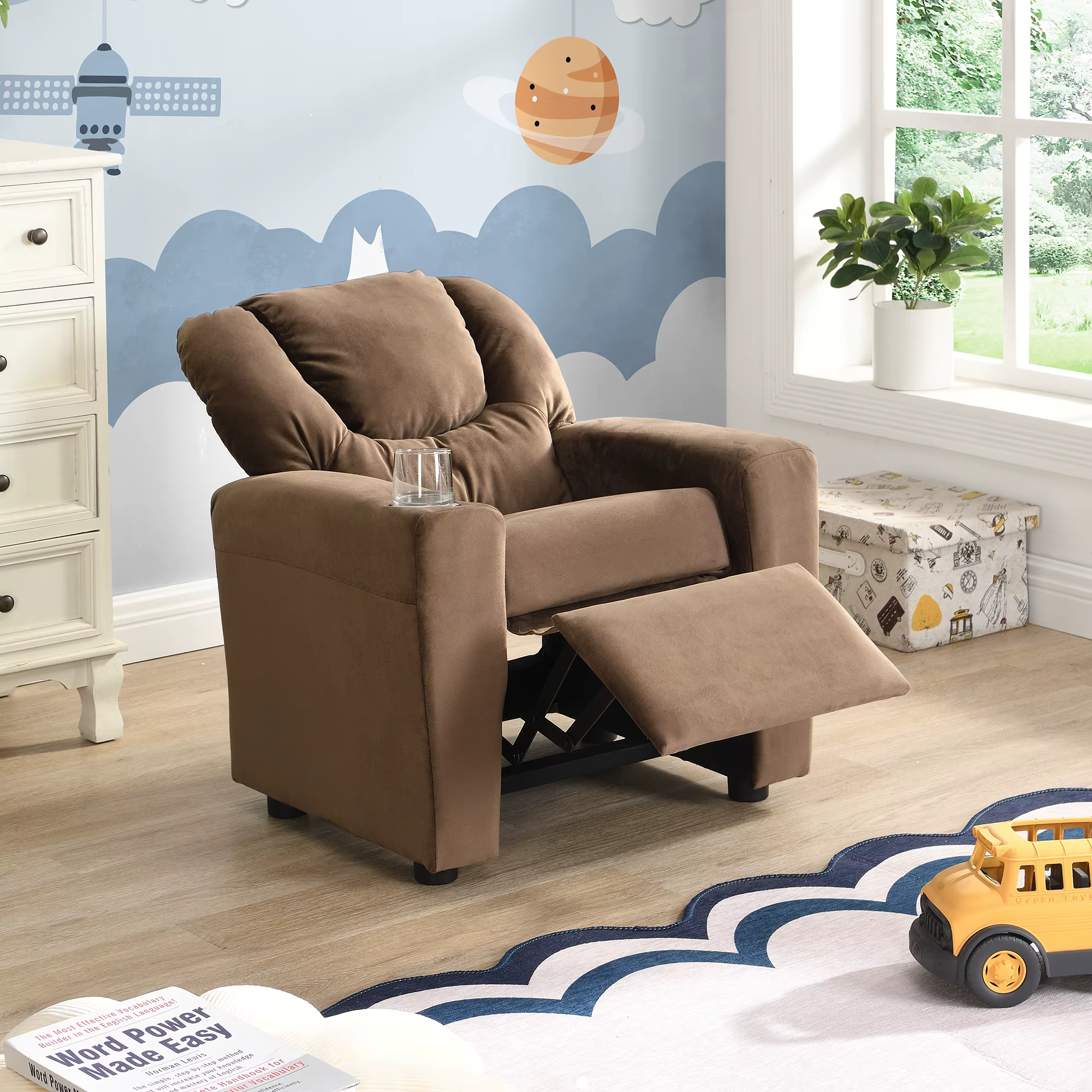 Fauteuil inclinable en velours pour enfants, canapé avec porte-gobelet, repose-pieds, dossier, enfan