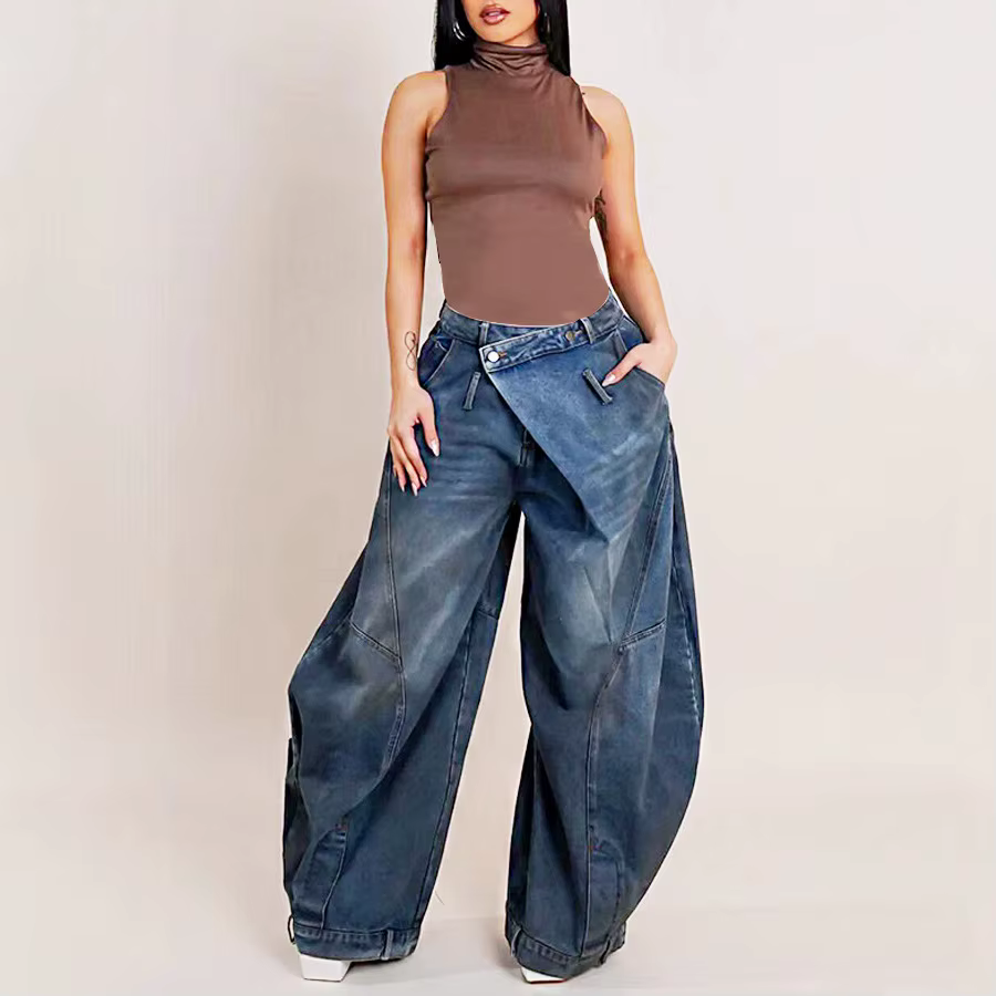 Jean ample vintage en denim pour femme, taille mi-haute, délavé et déchiré, longueur ras du sol, sty