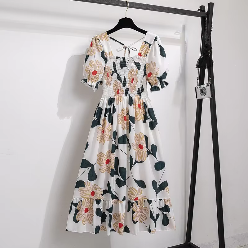Printemps été robes en mousseline de soie mode femme taille élastique à manches courtes plissée tenu