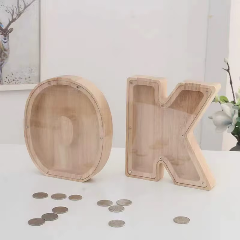 Tirelire anglaise 26 lettres, boîte d'économie d'argent en bois, pot de pièces de monnaie, boîte de 