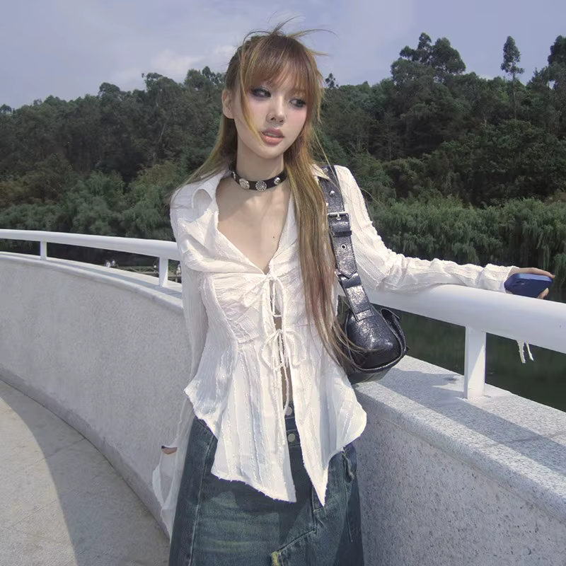 Chemise plissée à col en V Fairycore, chemisier à lacets, esthétique, Trash, style japonais irréguli