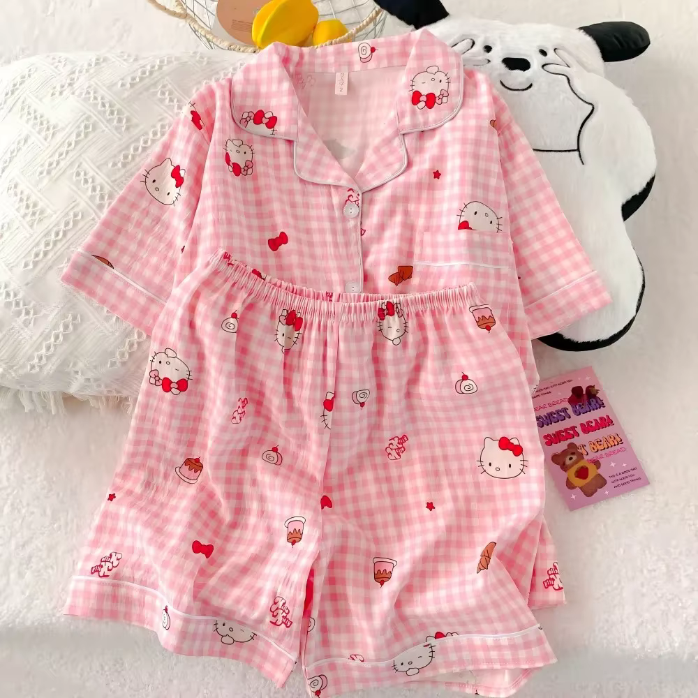 Ensemble pyjama Hello Kitty pour femmes, Short à manches courtes, dessin animé étudiant fille, vêtem
