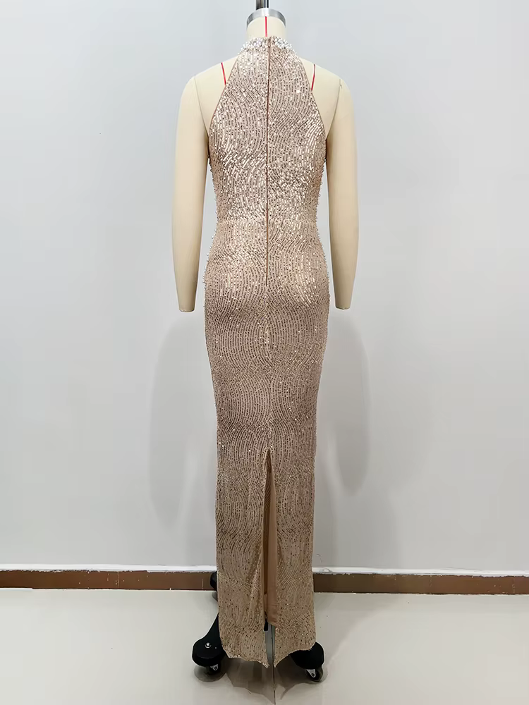VC luxe sans manches Beige perlé licou robe Maxi avec détail découpé robe sirène pour fête Galas