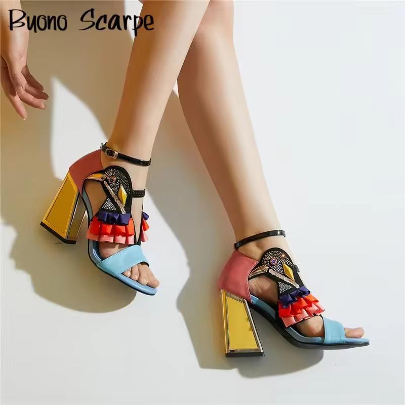 Sandales à Talons Épais et Strass pour Femme, Chaussures d'Été Assorties avec Ceinture, Nouvelle Col