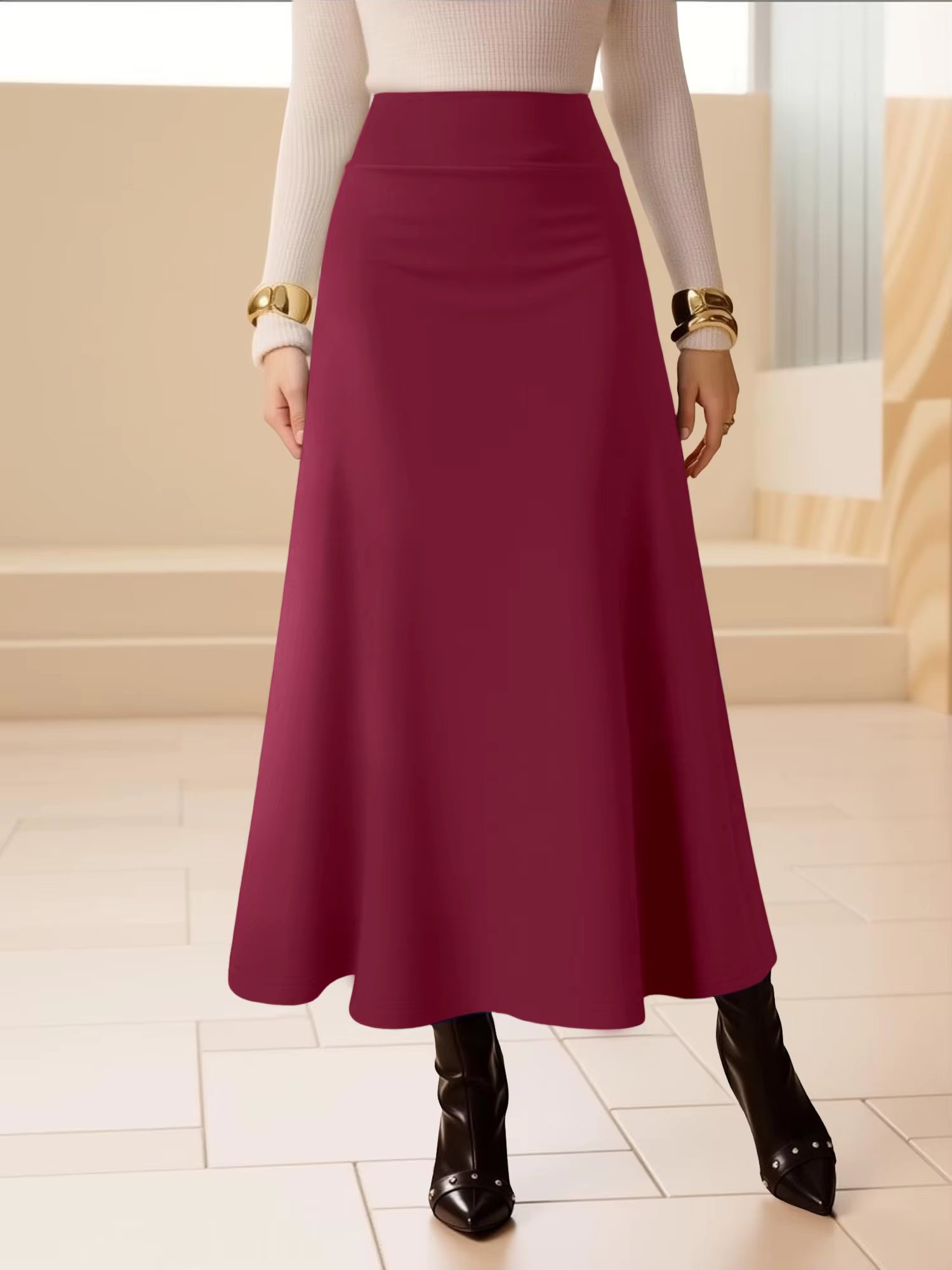 Jupe mi-longue pour femme, taille haute, style fluide, tissu respirant, idéale pour les tenues décon