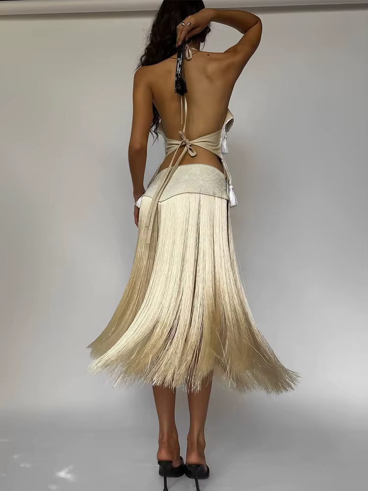 Kliou Sexy Mode Jupes Costumes Femme Halter Bandage Dos Nu Irrégulière Crop Tops + Gland Décoration 