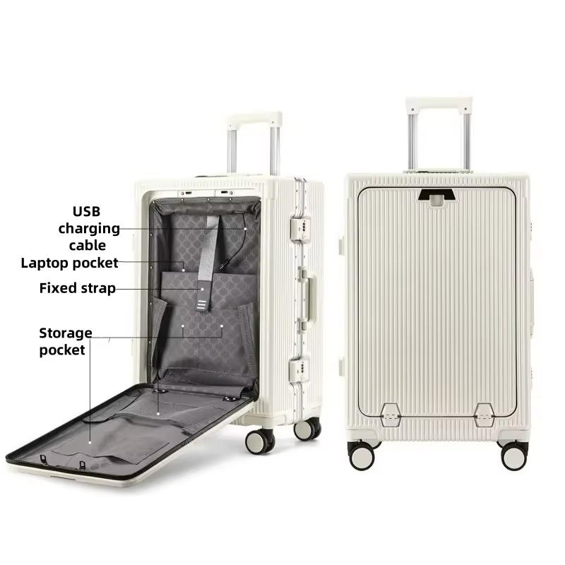 Valise de poche à ouverture avant, cadre en alliage d'aluminium, bagages roulants avec prise de char