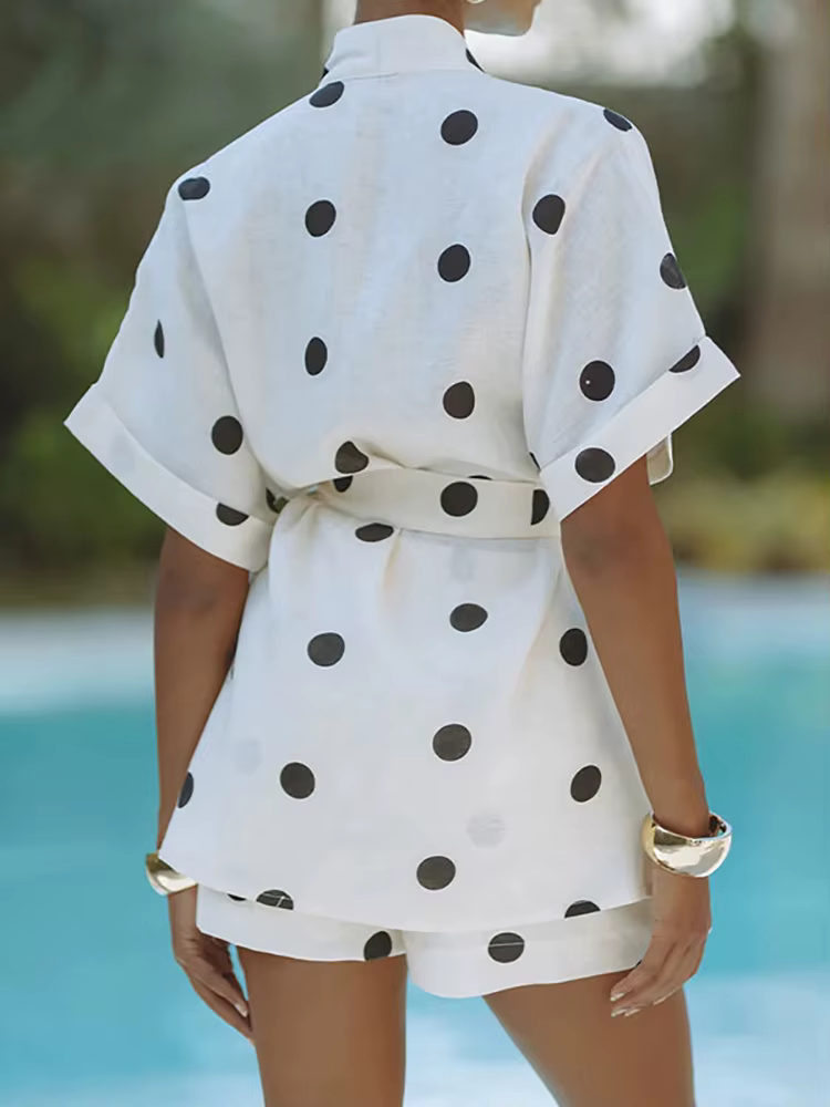 Costume élégant à lacets pour femmes, short et demi-manches, col en V, chemisier, tenues avec impres