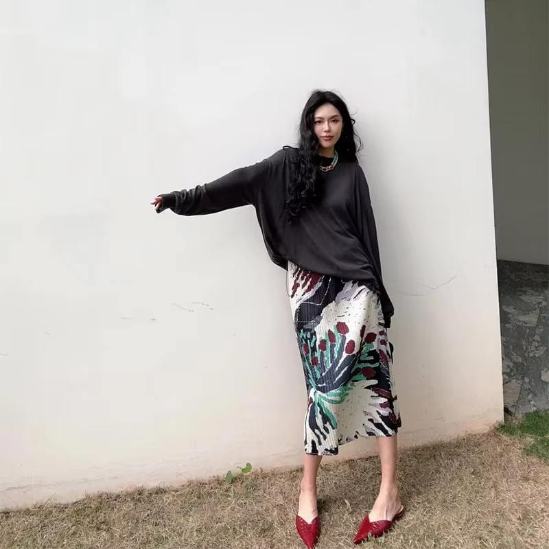 Jupe mi-longue à imprimé floral vintage pour femmes, jupes plissées fendues élégantes, jupe trapèze 