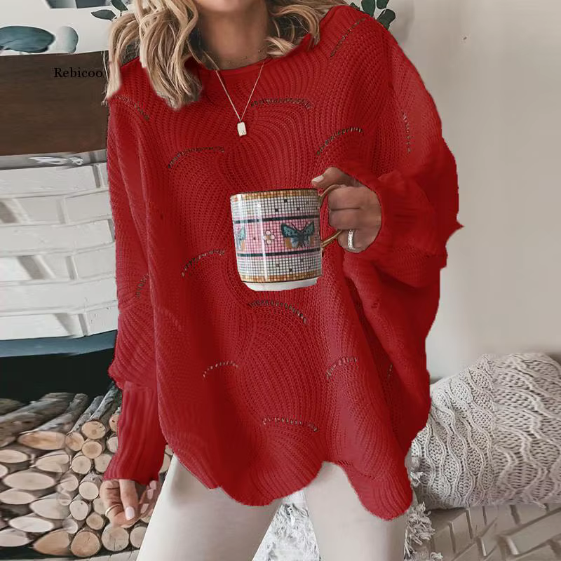 Pull à manches lanternes pour femme, élégant, ample, tricoté, décontracté, col ras du cou, couleur u