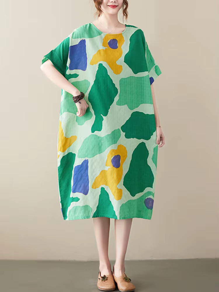 Robes d'été décontractées mi-longues en coton et lin à imprimé vintage pour femmes 2026 – Nouvelle c