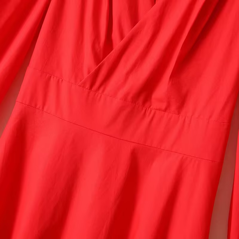 Robes trapèze élégantes col en V à manches longues, robe unie rouge princesse Kate