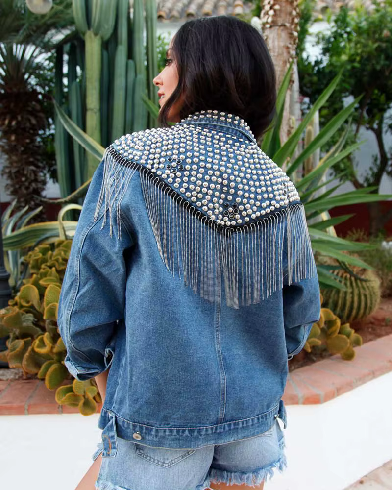 TEELYNN Boho noir Denim veste pour femmes manteaux à manches longues automne ample frange Jean veste
