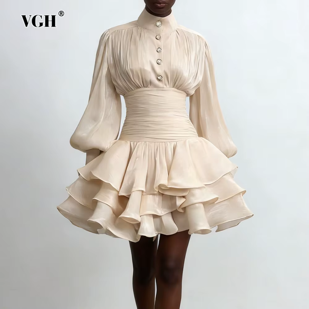 Robes courtes décontractées de style plage VGH pour femmes, col montant, manches longues, taille hau