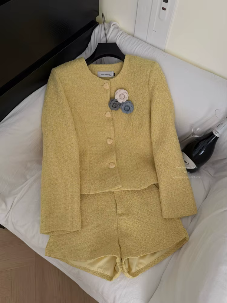 Haut de gamme élégant femme Tweed veste manteau + taille haute Shorts ensemble femmes français mince